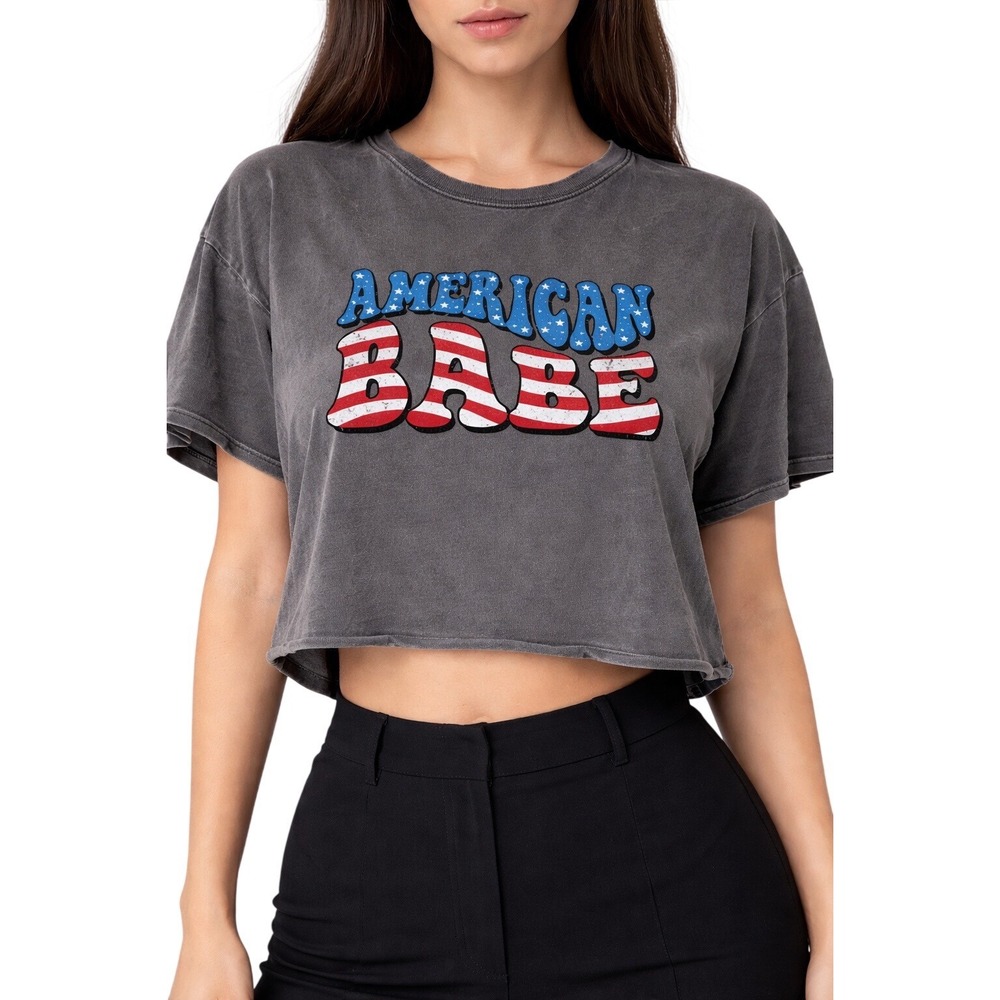 Caution To The Wind American Babe Cropped Graphic Tee Charcoal Gray Medium